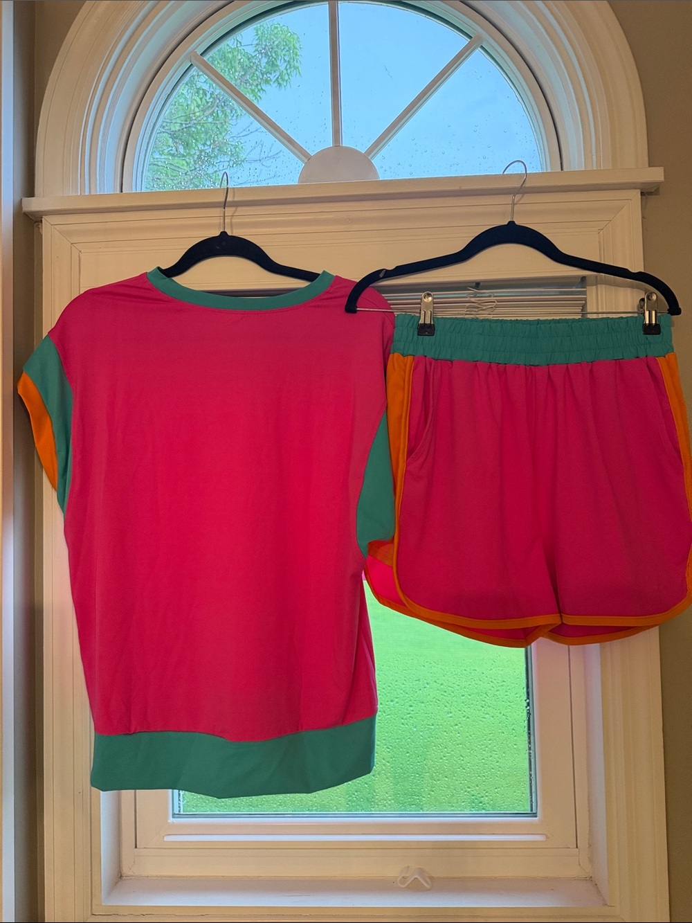 Bold Pink Colorblock Lounge Set with Teal and Orange Accents